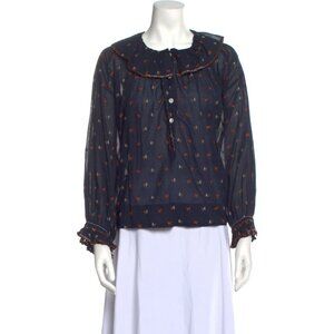 DOEN Blouse Size Organic Cotton Navy Color Embroidered Cropped Style Size L